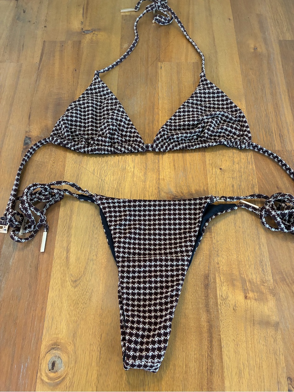 AQUARI Brown and White Houndstooth Triangle Bikini